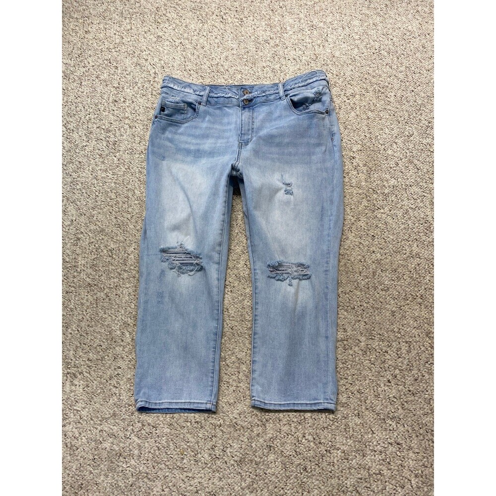 20 Kancan High Rise Double Button Fringe Waist Distressed Crop Straight Leg